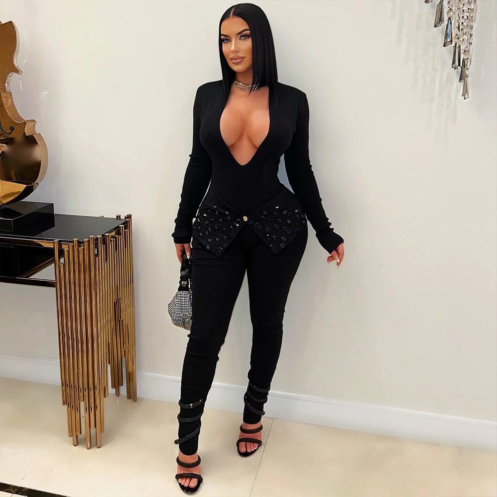 Women's Rhinestone Slim Fit Pencil Solid Color Jumpsuits