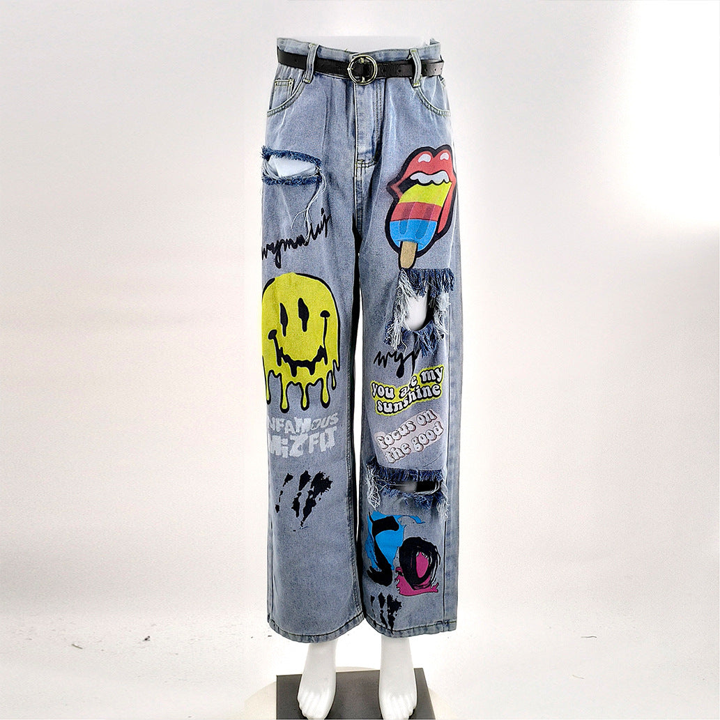 Women's Smiley Printed Ripped Street Skateboarding Style Jeans