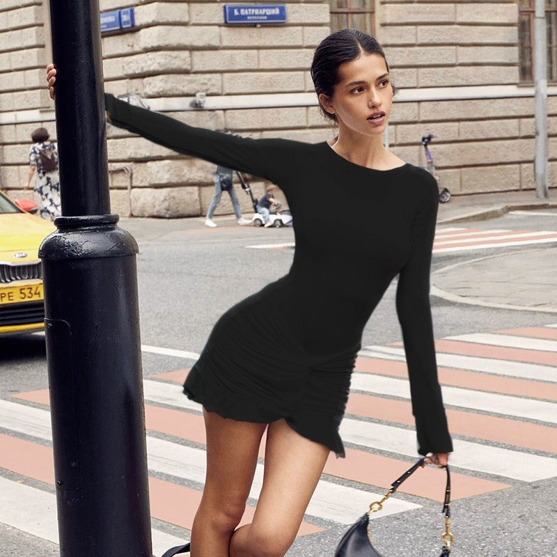Women's Autumn Temperament Pure Color Long-sleeved Twist Decorative Dress