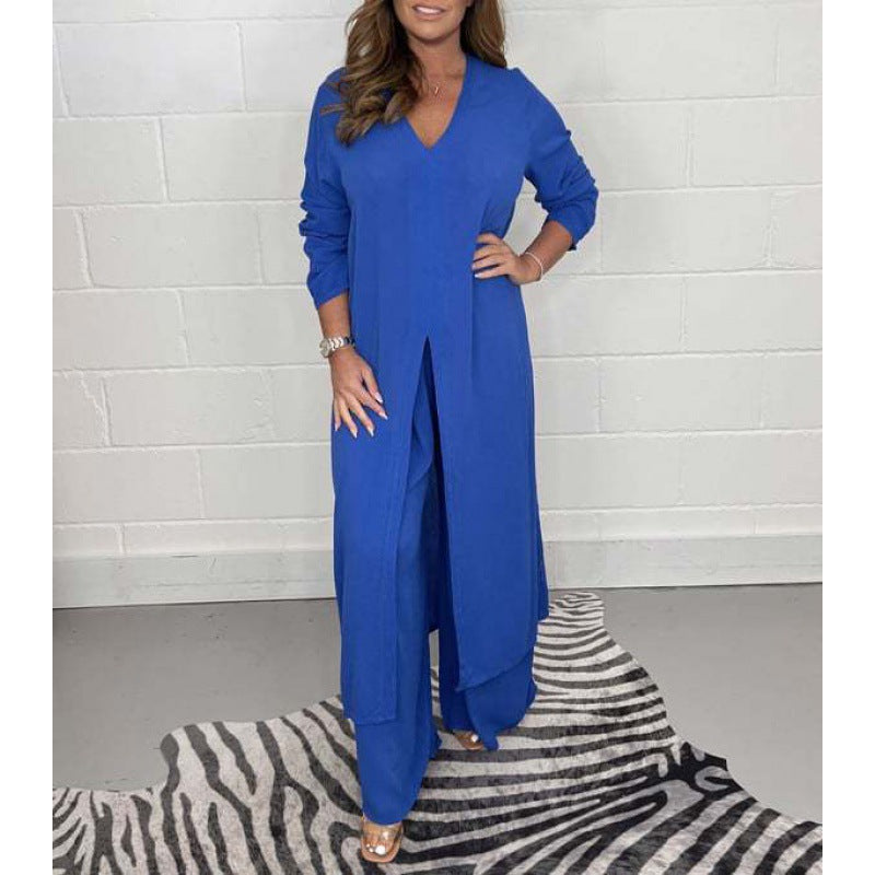 Women's Autumn Pure Color Split Long Shirt Trousers Clothing