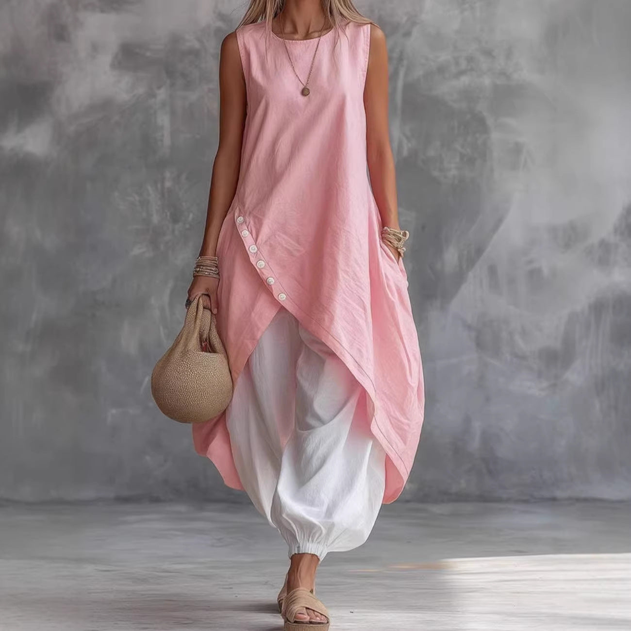 Solid Color Sleeveless Loose Pocket Midi Fashion Casual Suit