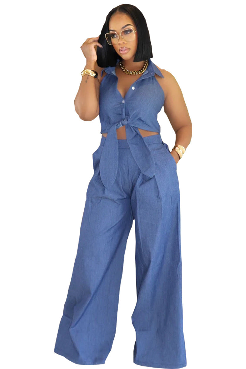 Women's Denim Halter Lapel Backless Loose Wide Suits