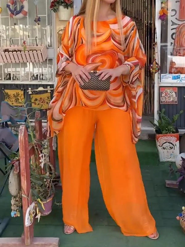 Women's Summer Colorful Chiffon Casual Round Neck Suits