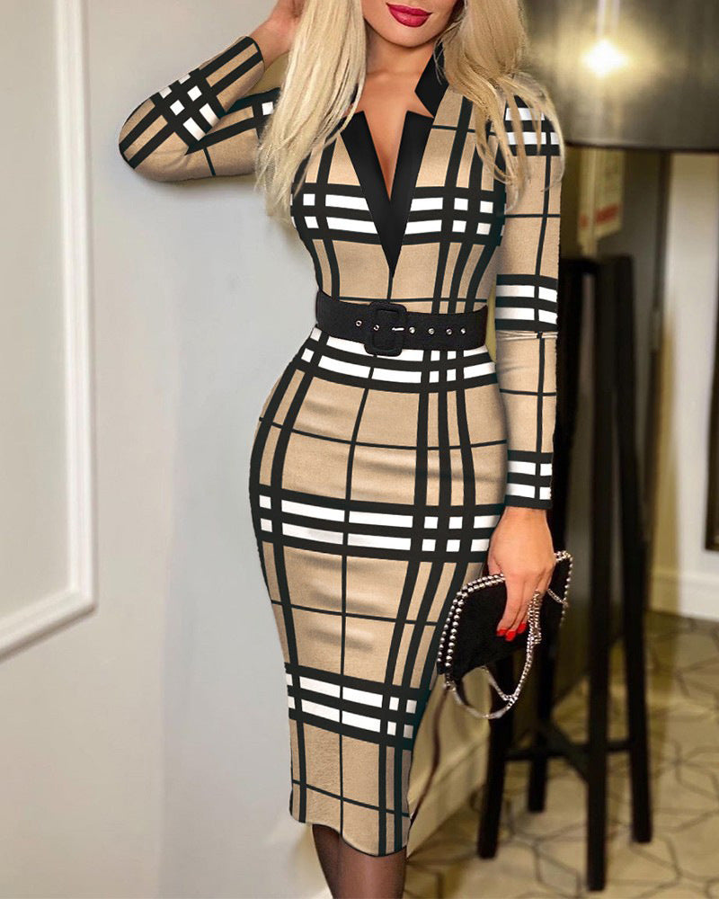 Women's Fashion Plaid Hip Long Sleeve Sexy Dress