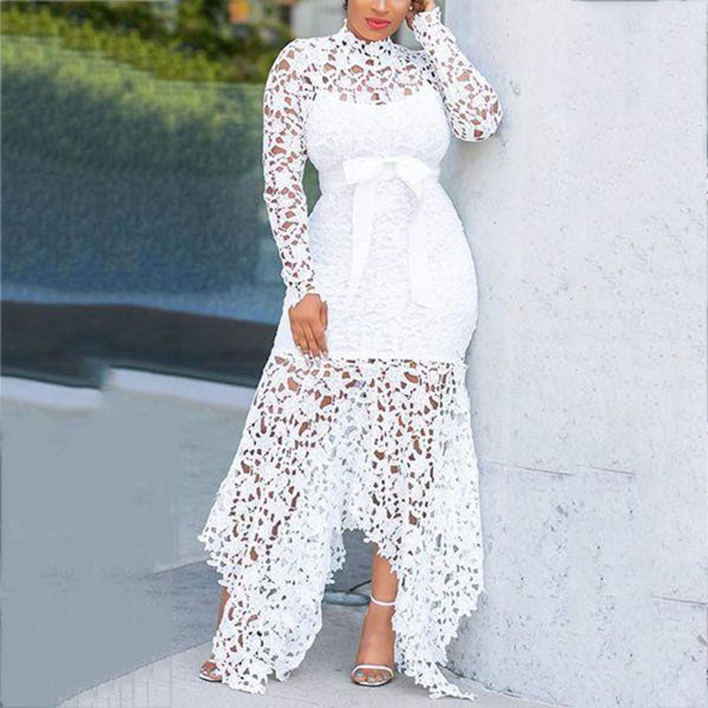 Women's Long Sleeve Stand-up Collar Tie Color Dresses