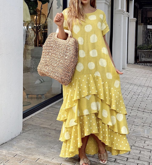 Women's Round Neck Polka Dot Swing Long Dresses