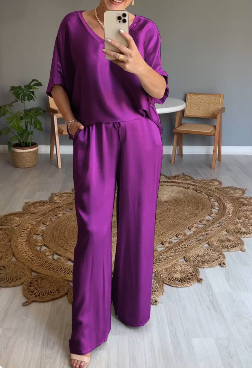 Unique Women's Summer Solid Color Mercerizing Fashion Casual Suit