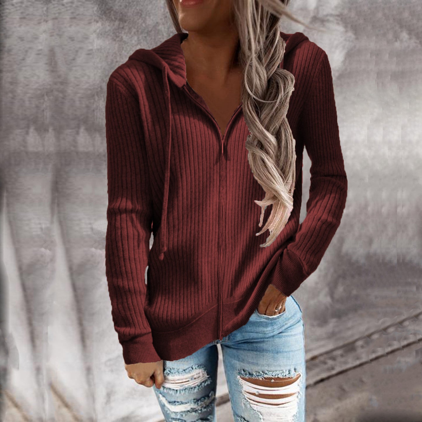 Cool Women's Zipper Long Sleeve Hooded Women's Sweater, Sweater