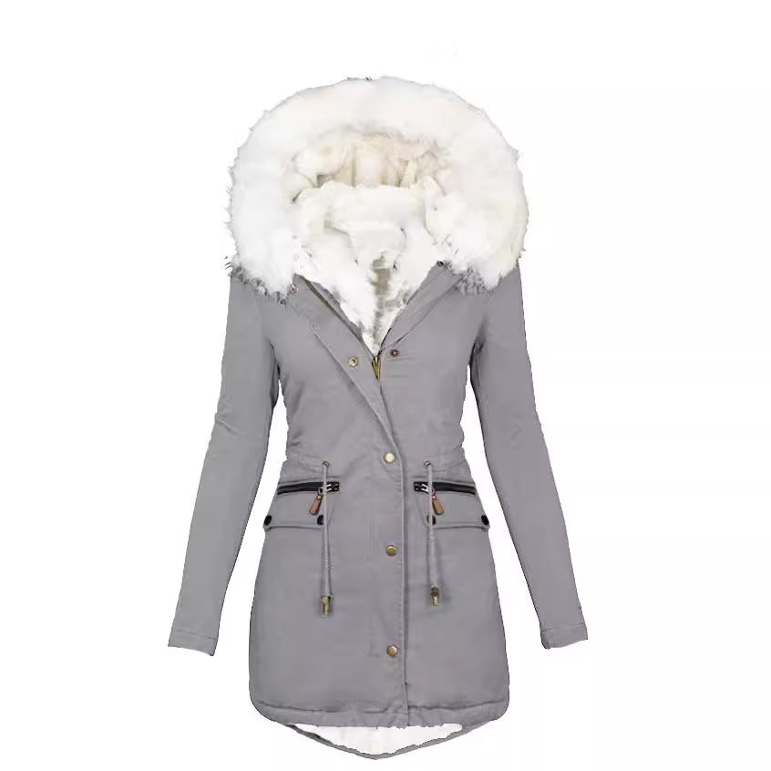 Women's Veet Cinched White Fur Collar Hooded Coats