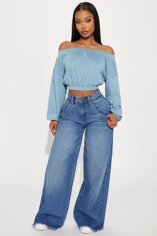 Women's Waist Loose Design High Raw Hem Wide Jeans