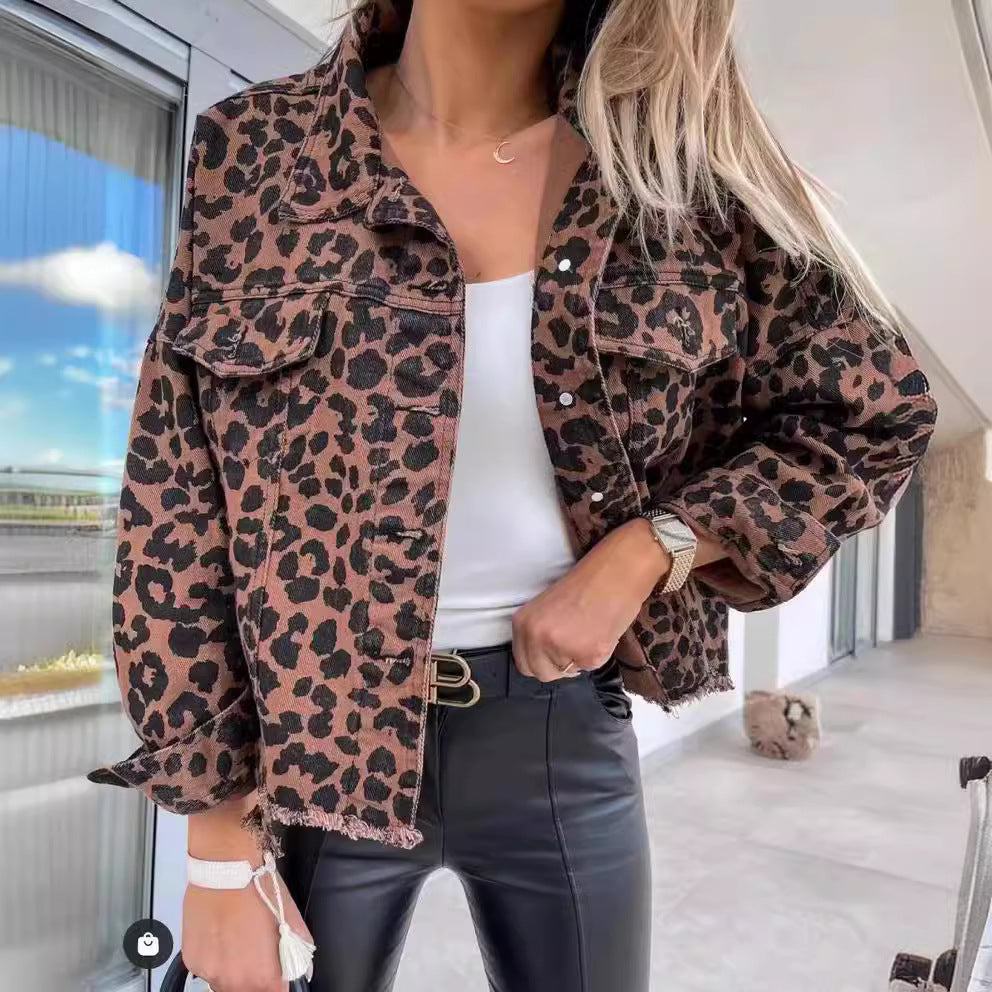 Women's Hipster Washed Old Leopard Print Frayed Jackets
