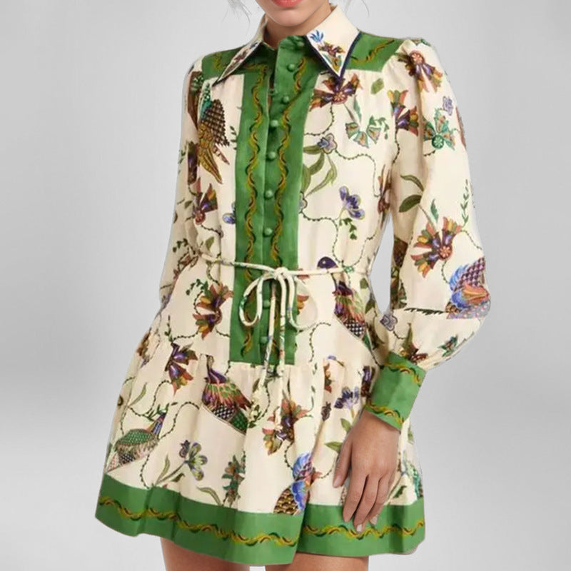 Women's Lace Printing Lapel Long Sleeve Pleated Dresses