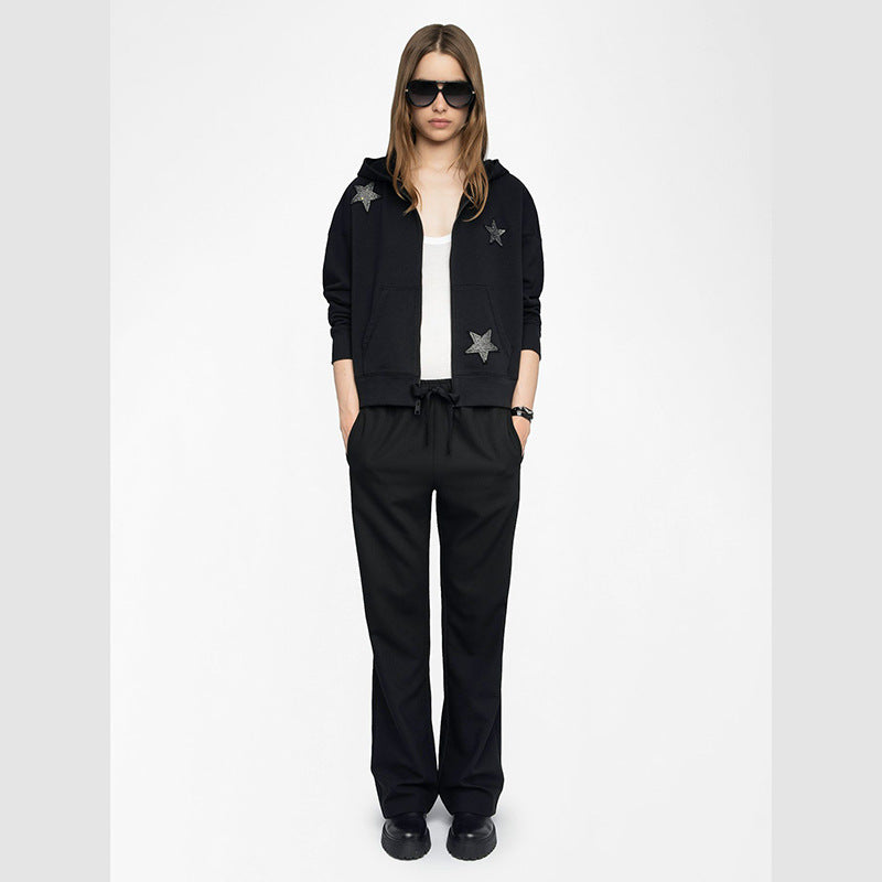 Women's Full Of Embroidered Patch Hot Drilling Fleece Zipper Hooded Sweaters