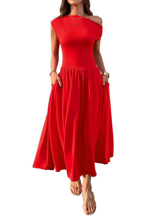 Shoulder Sexy Waist Trimming Solid Color Long Dresses