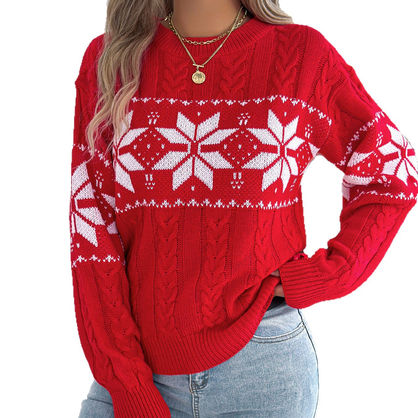 Women's Snowflake Pattern Lantern Long Sleeve Pullover Sweater