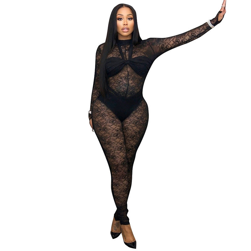 Women's See-through Lace Round Neck Back Zipper Jumpsuits