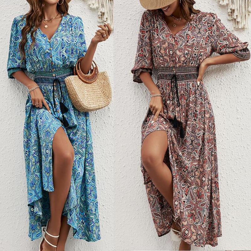 Women's Rayon Positioning Printed Sleeves Waist Bohemian Holiday Breasted Dress
