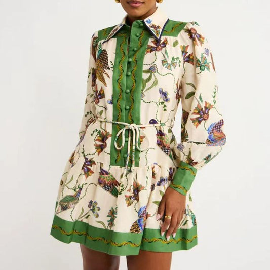 Single-breasted Long Lantern Sleeve Iti Printing Dresses