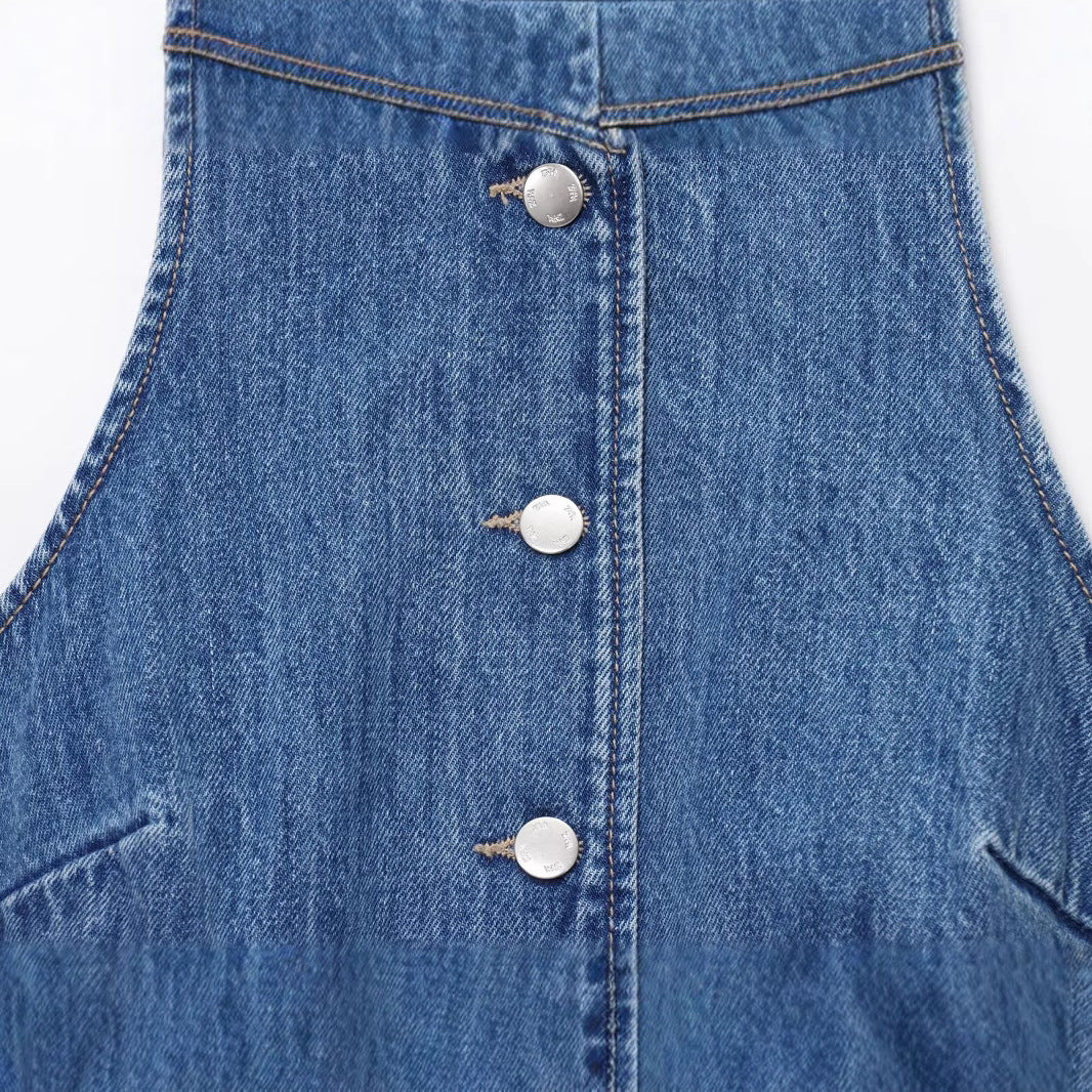 Women's Fashion Temperament Denim Round Neck Sleeveless Shorts