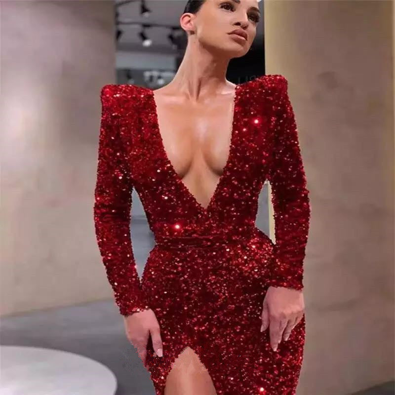 Women's Sexy Long-sleeved Sequined Dress Split Spring Dresses