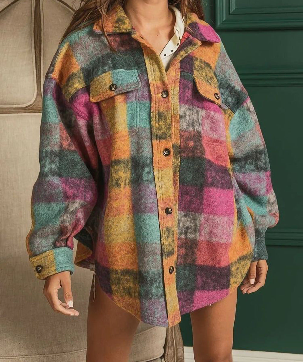 Women's Single-breasted Lapel Fleece Plaid Shirt Coats