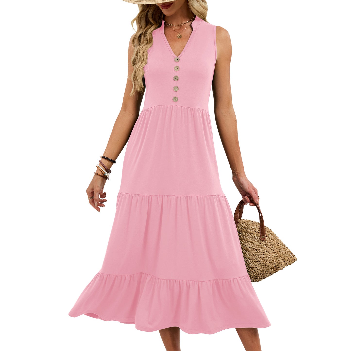 Solid Color Button Sleeveless Long Pleated Dress