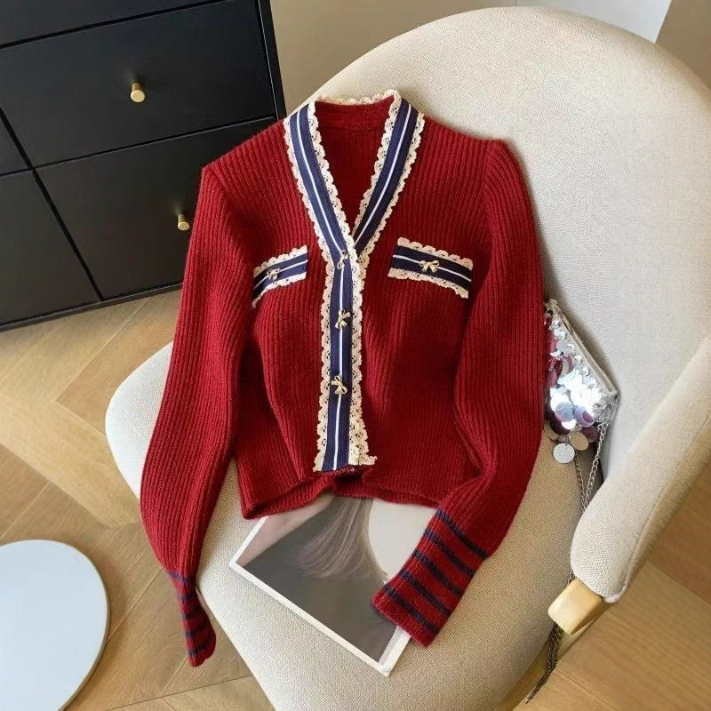 Women's Knitted Clothes French Style Color Matching Outer Wear Tops