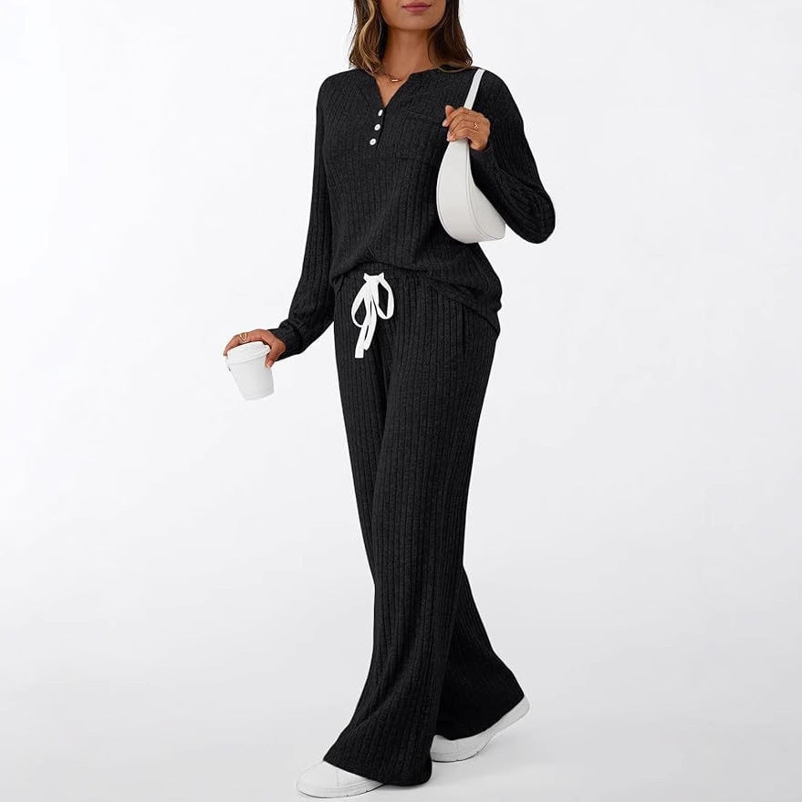 Women's Sunken Stripe Brushed Outerwear Home Pajamas Fashion Casual Suit