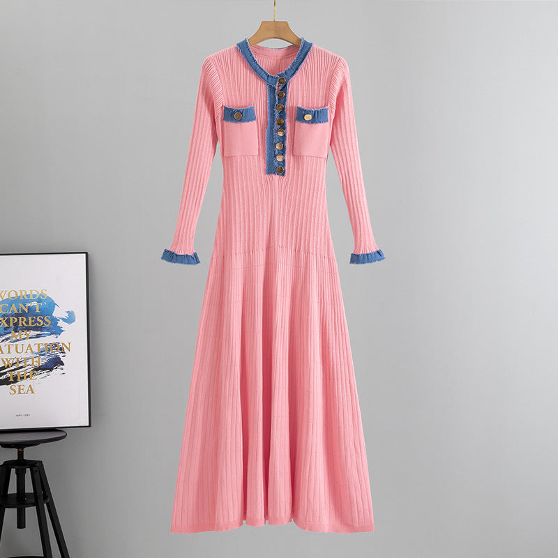 Women's Elegant Denim Stitching Contrast Color Long Dresses