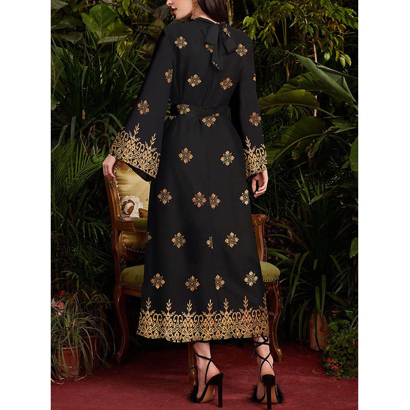 Women's Fashion Printed Black Long-sleeved Long Tight Waist Temperament Slimming Dress