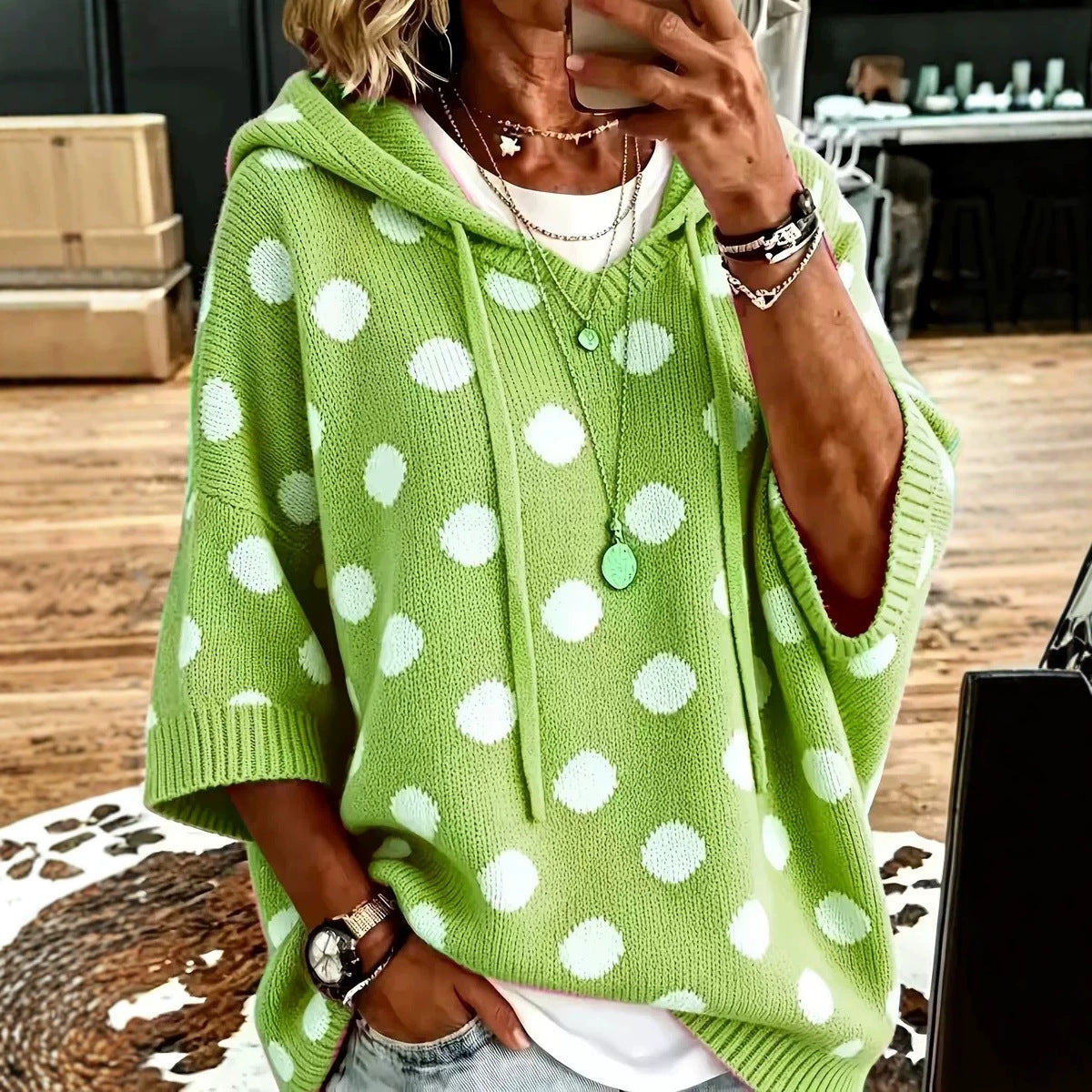 Women's Complete Sizes Elegant Loose Casual Style Polka Dot Sweater