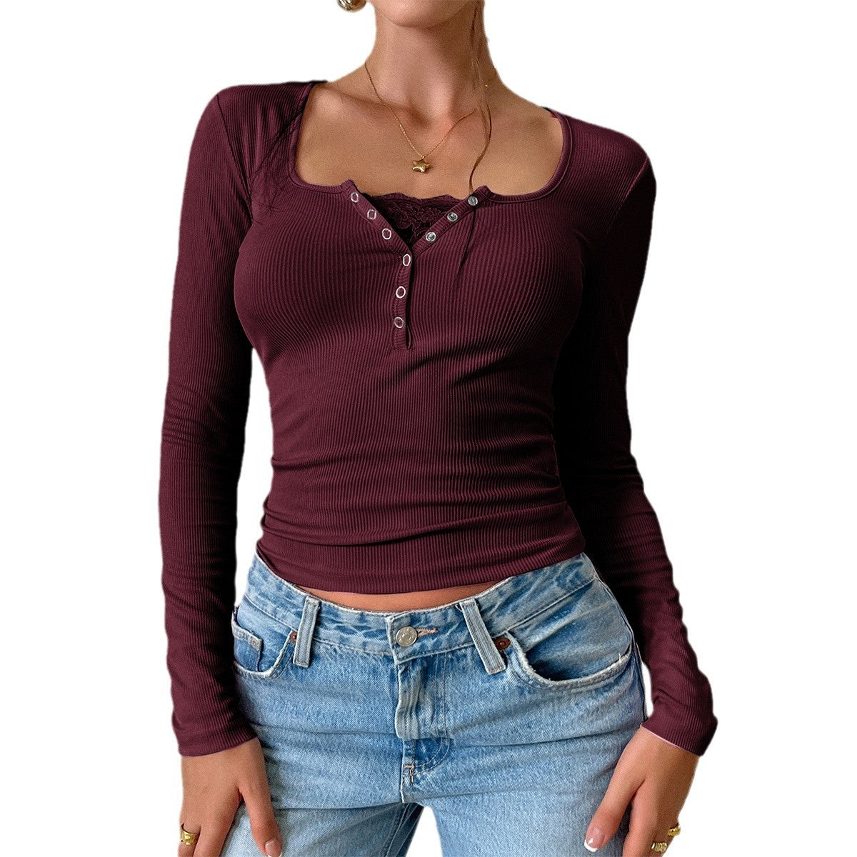 Casual Classic Women's Lace Button Rib Women's Sweater