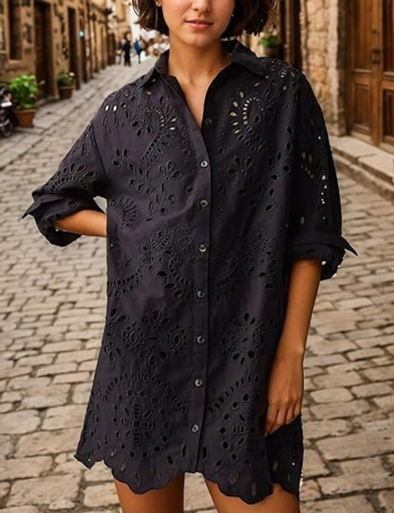 Women's Solid Color Shirt Collar Loose Embroidered Blouses