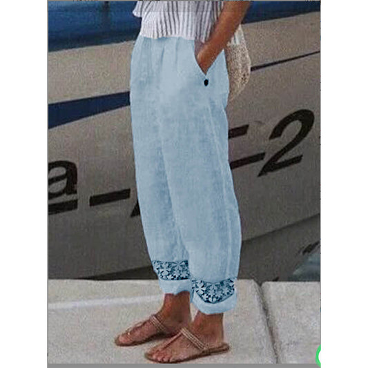 Women's Autumn Woven Cotton Linen Lace Pocket Pants