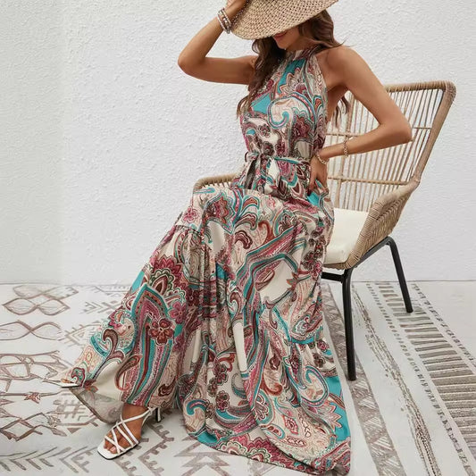 Women's Autumn Vintage Print Halter Bohemian Dress Dresses