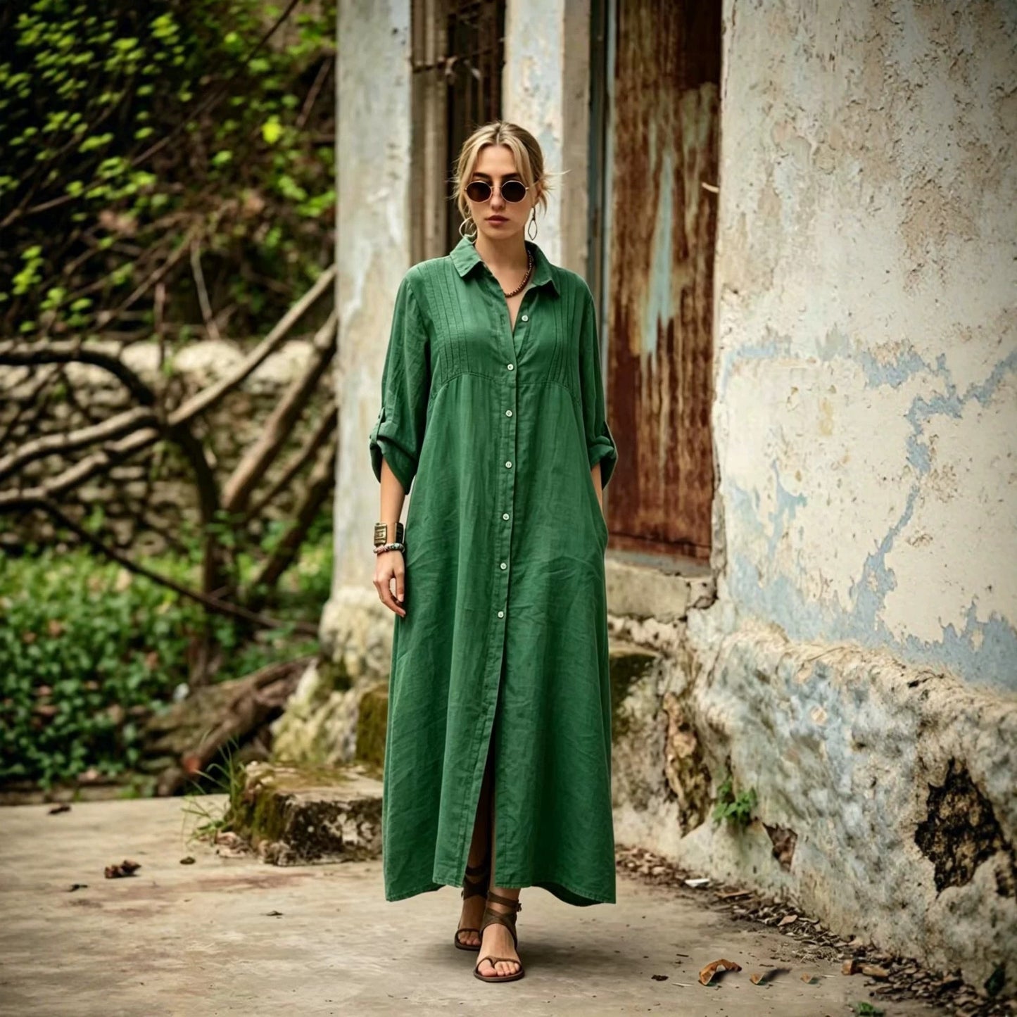 Solid Color Shirt Collar Long Sleeve Temperament Elegant Simple Loose Dress