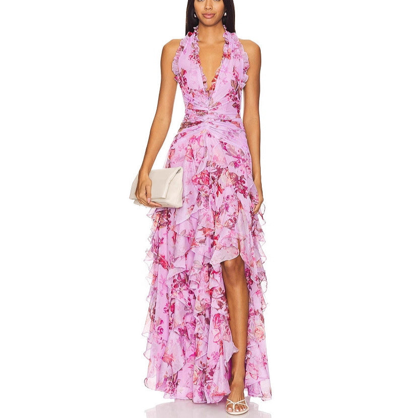 Women's Gentle Fashion Printed Pleated Waist Tight Dresses