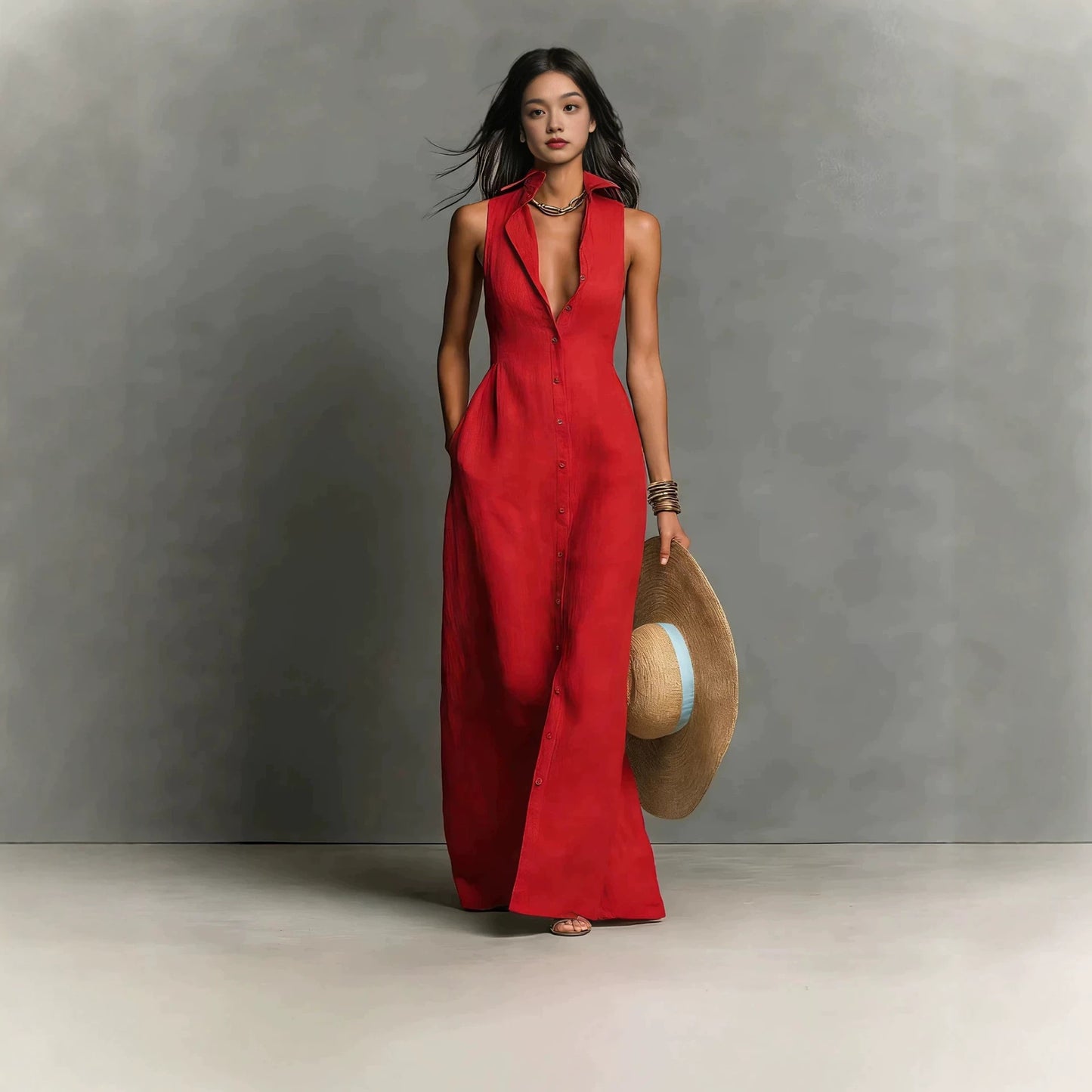 Classic Casual Summer Breasted Sleeveless Collar Dress