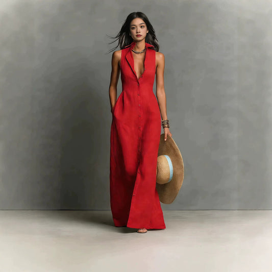 Classic Casual Summer Breasted Sleeveless Collar Dress