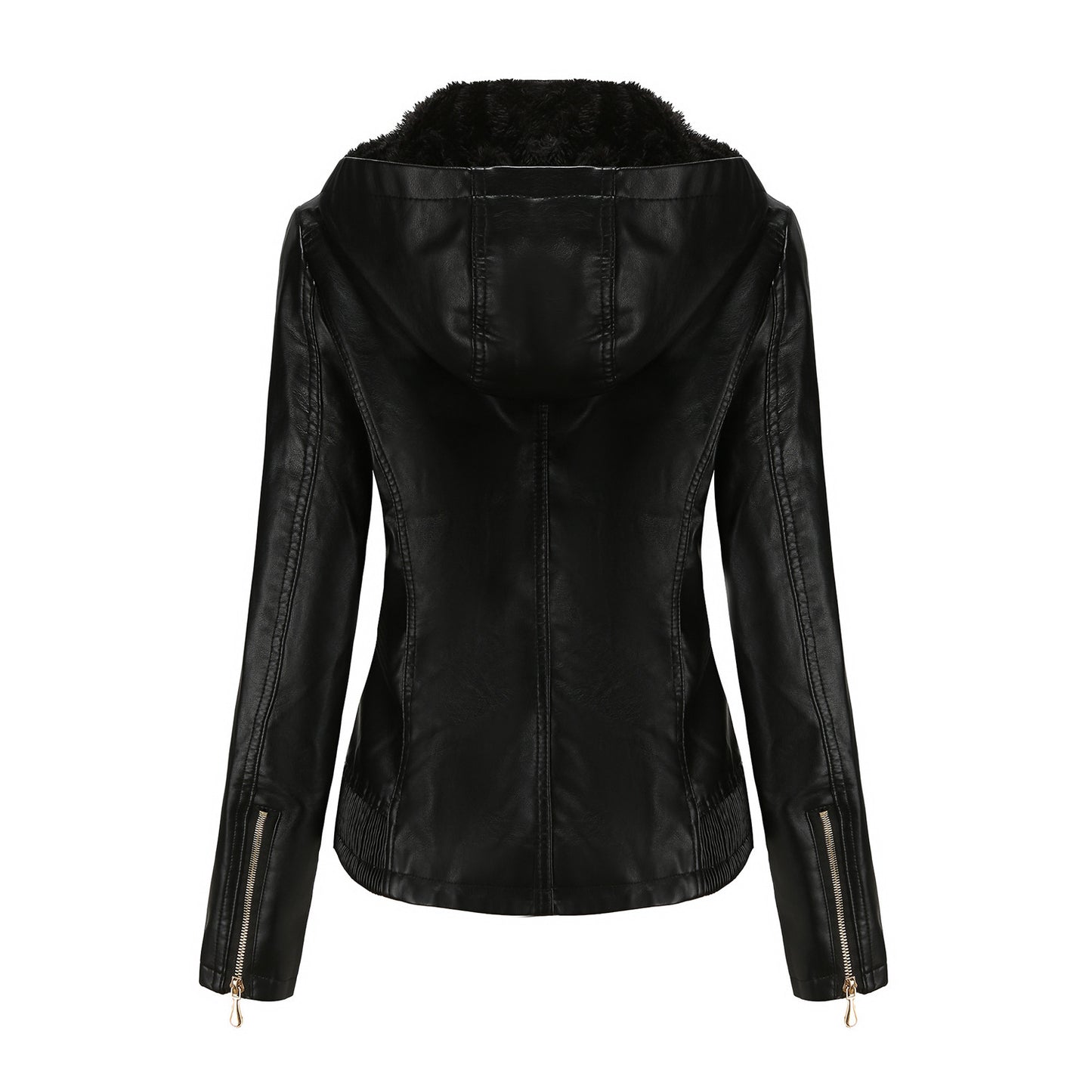 Women's Leather Detachable Hat Zipper Fleece-lined European Jackets