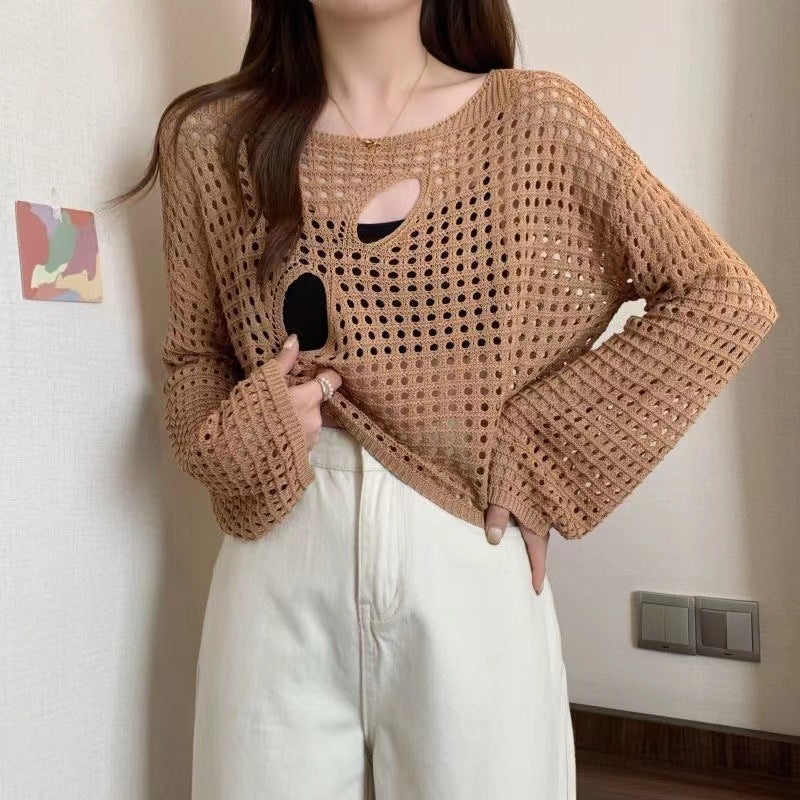 Women's Design High-grade Summer Hot Slimming Cutout Long Sleeve Ripped Women's Sweater