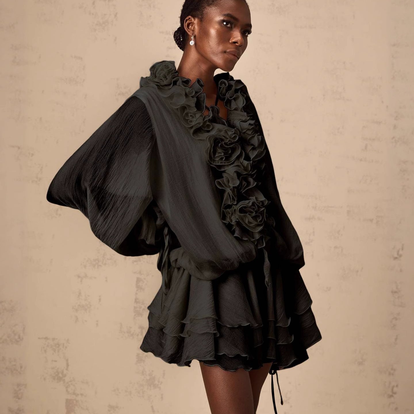 High-grade Three-dimensional Flower Strap Lantern Sleeve Ruffled Dresses