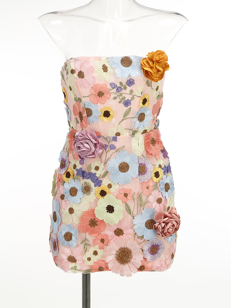 Women's Slim Tube Dress Flower Decoration A- Dresses
