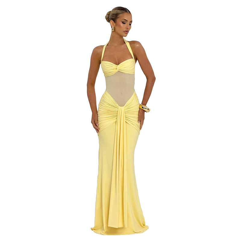Women's Pure Color Halter Mesh Tight Stitching Dresses