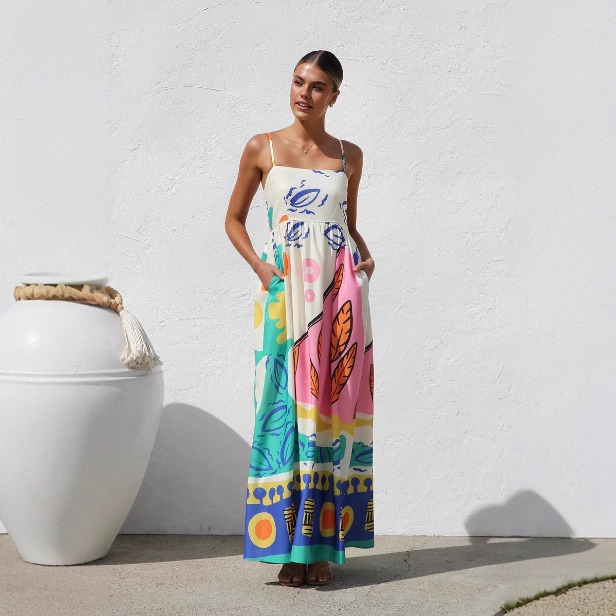 Bohemian Vacation Style Printing Slip Beach Dress