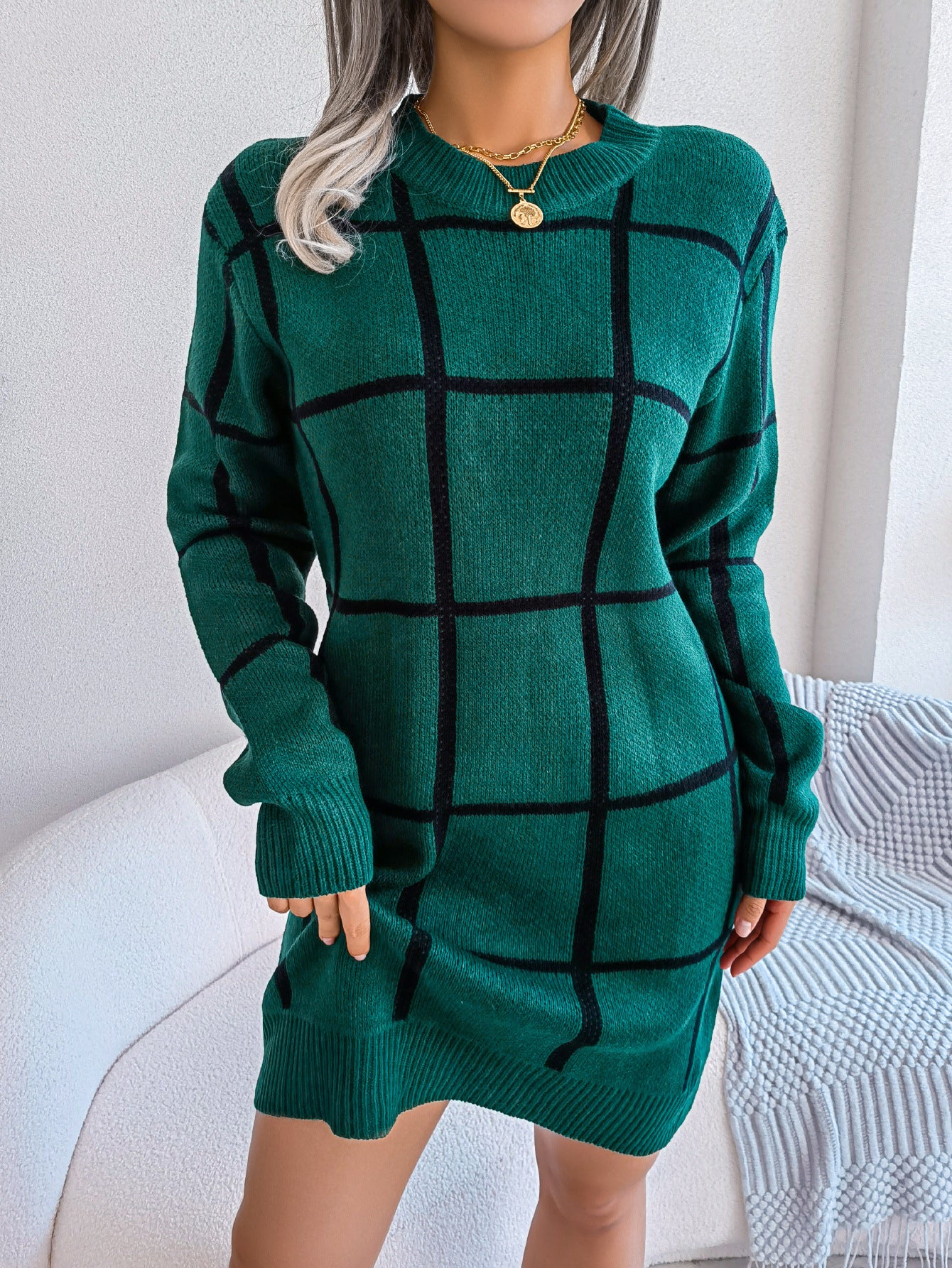 Women's Casual Contrast Color Plaid Long Sleeve Dress