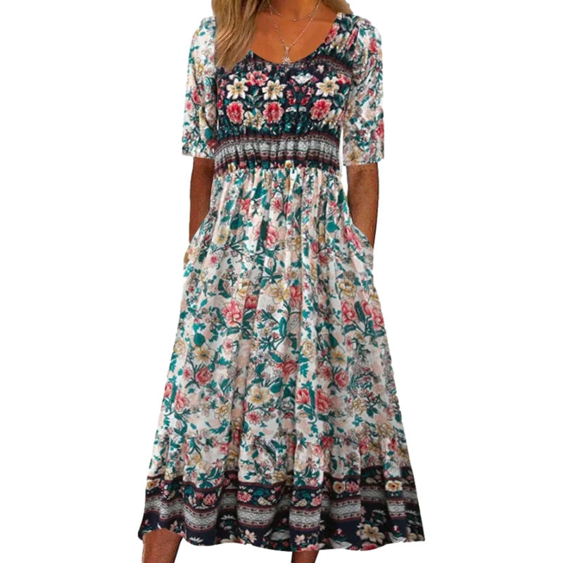 Women's Summer Round Neck Sleeve Dress Bohemian Dresses