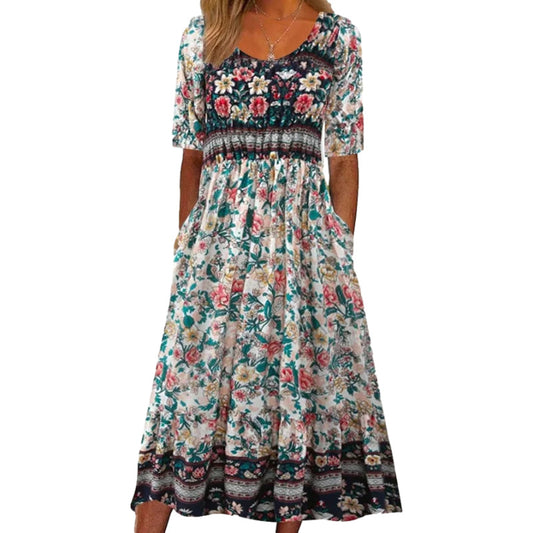 Women's Summer Round Neck Sleeve Dress Bohemian Dresses