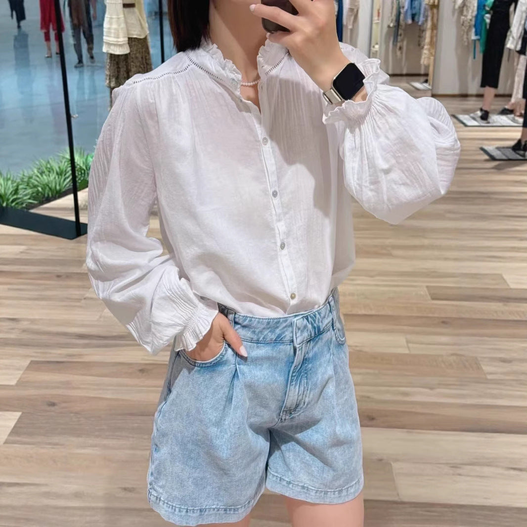 Women's French Style Summer Relaxed Minimalist Lace Collar Blouses