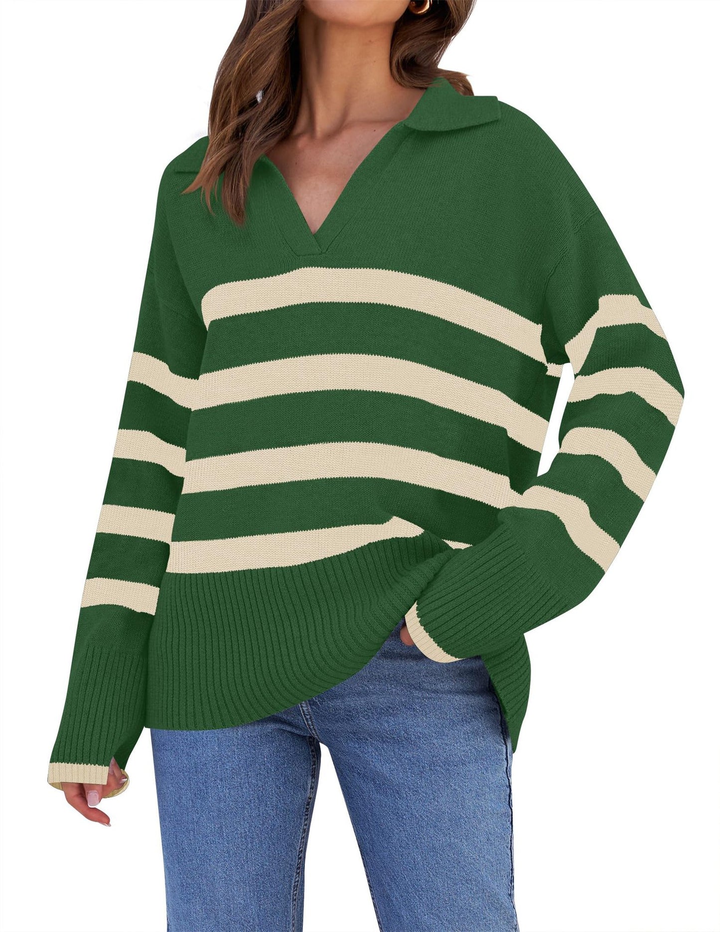 Women's Basic Loose Long Sleeve Outerwear Striped Polo Collar Sweater